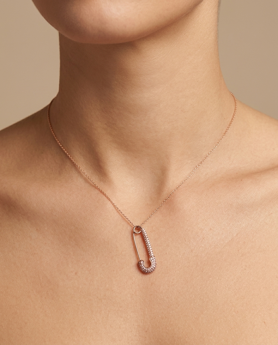 Custom (Non Opening) Safety Pin with Diamonds Pendant in Rose Gold on model