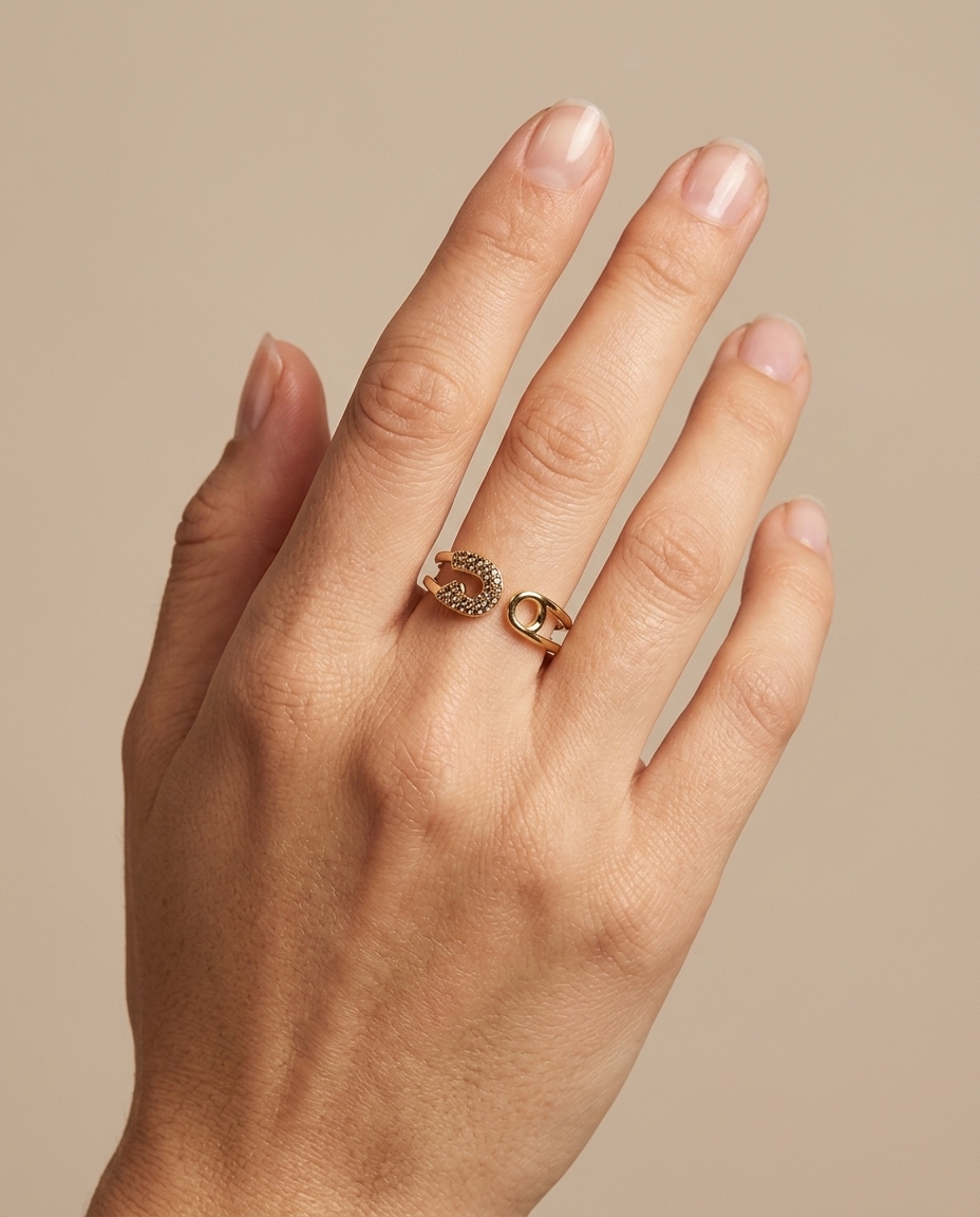 Custom Open Safety Pin Ring with Diamonds in Yellow Gold on model