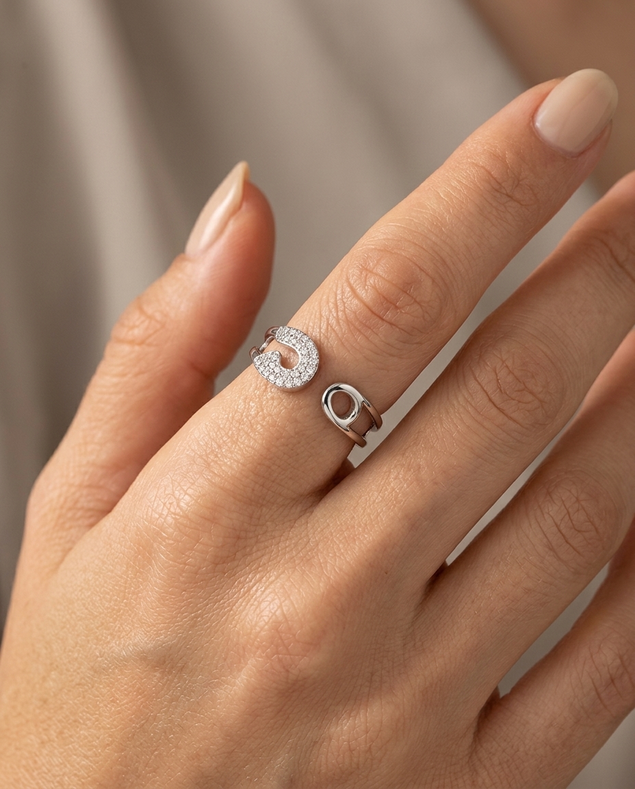 Custom Open Safety Pin Ring with Diamonds in White Gold on model