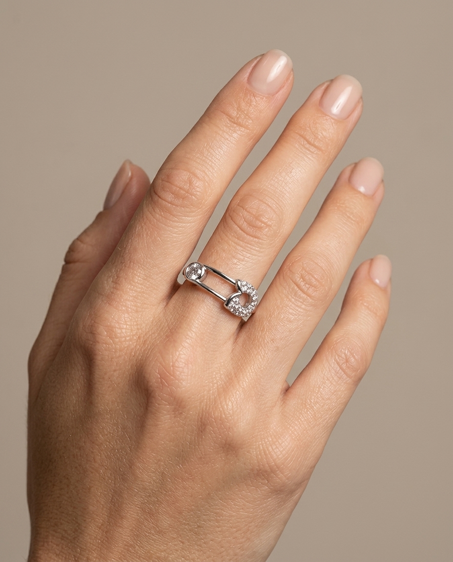 Custom Closed Safety Pin Ring with Diamonds in White Gold on model