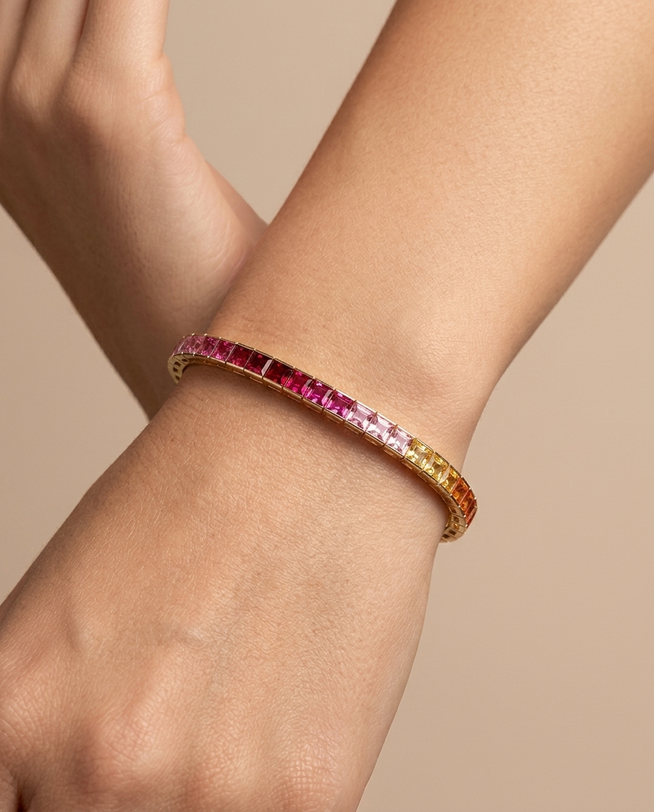 Rainbow Bracelet Synthetic Stones in Yellow Gold on model