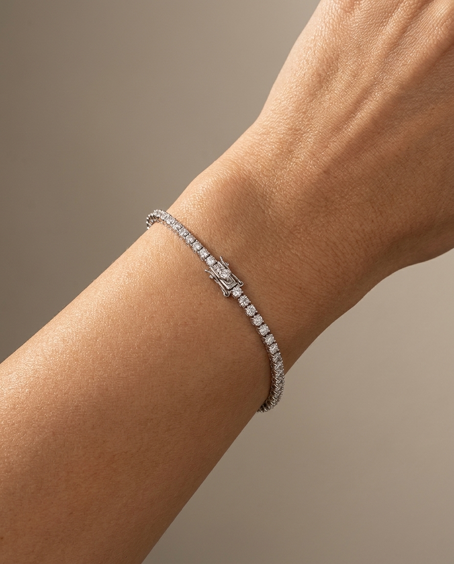 Tennis Bracelet White 3pt Round in White Gold on model