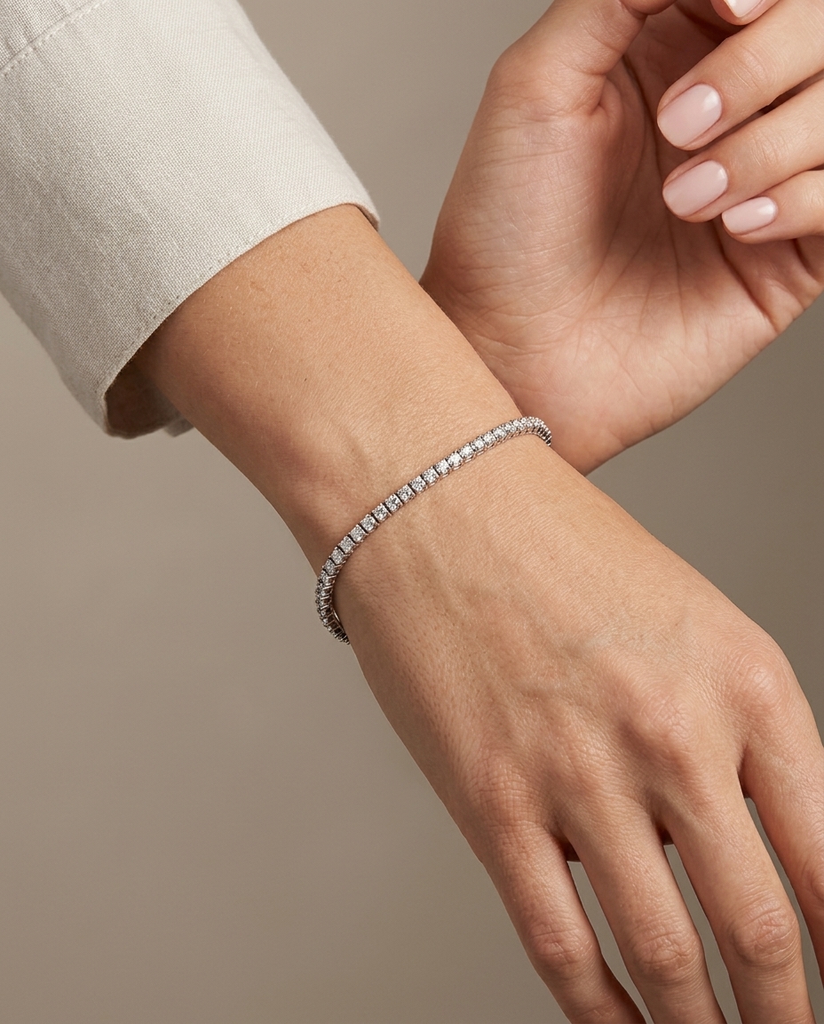 Tennis Bracelet White 4pt/5pt Square in White Gold on model
