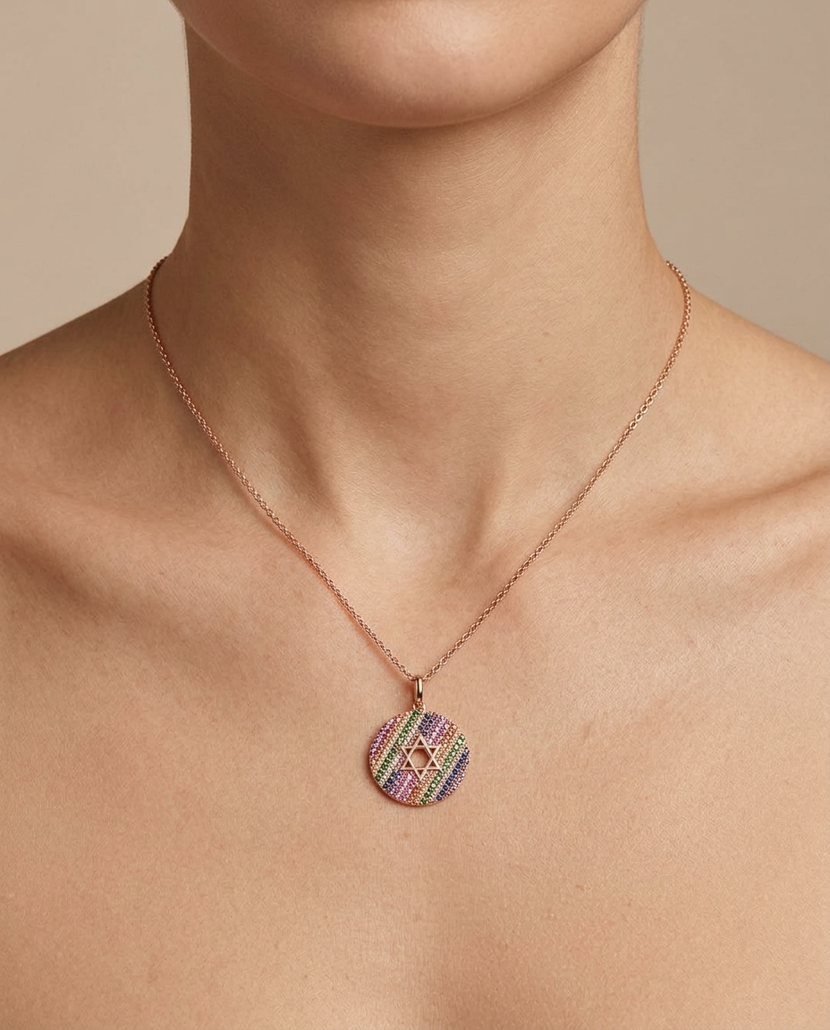 Custom Rainbow Star of David Necklace .73ctw Adjustable in Rose Gold on model