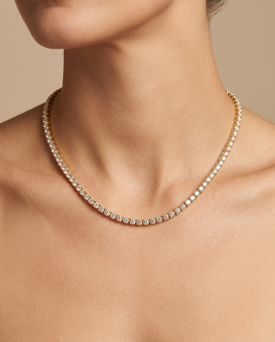 Tennis Necklace Yellow 4prong Hexagon 2 Pt Expertly Crafted in Italy Using Revolutionary Die Struck Technology in Yellow Gold on model