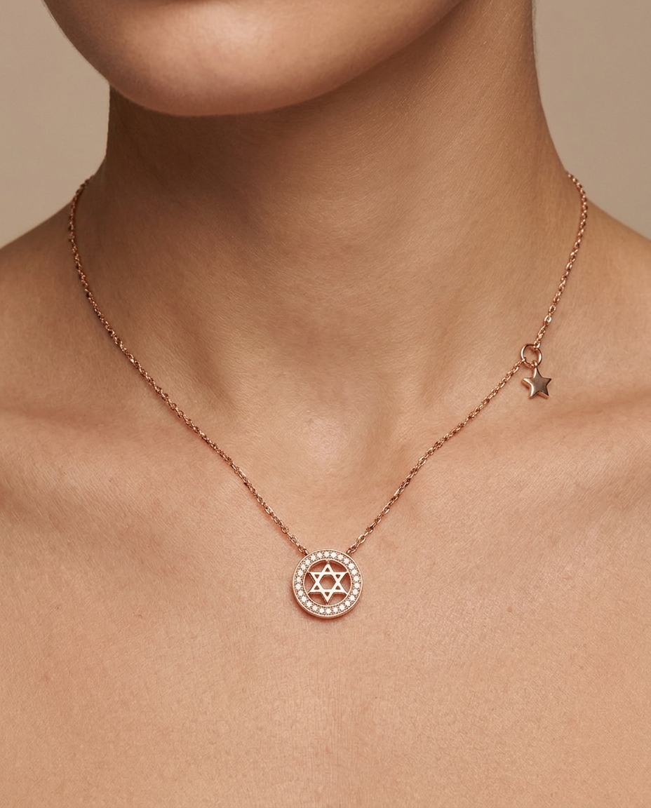 Diamond Star of David with Circle Border Necklace in Rose Gold on model