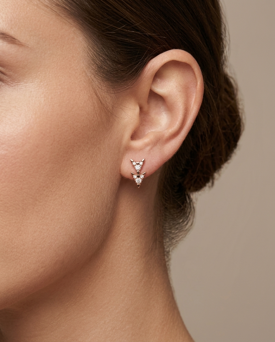 Diamond Double Arrow 1 Pc Earring Stud in Rose Gold on model