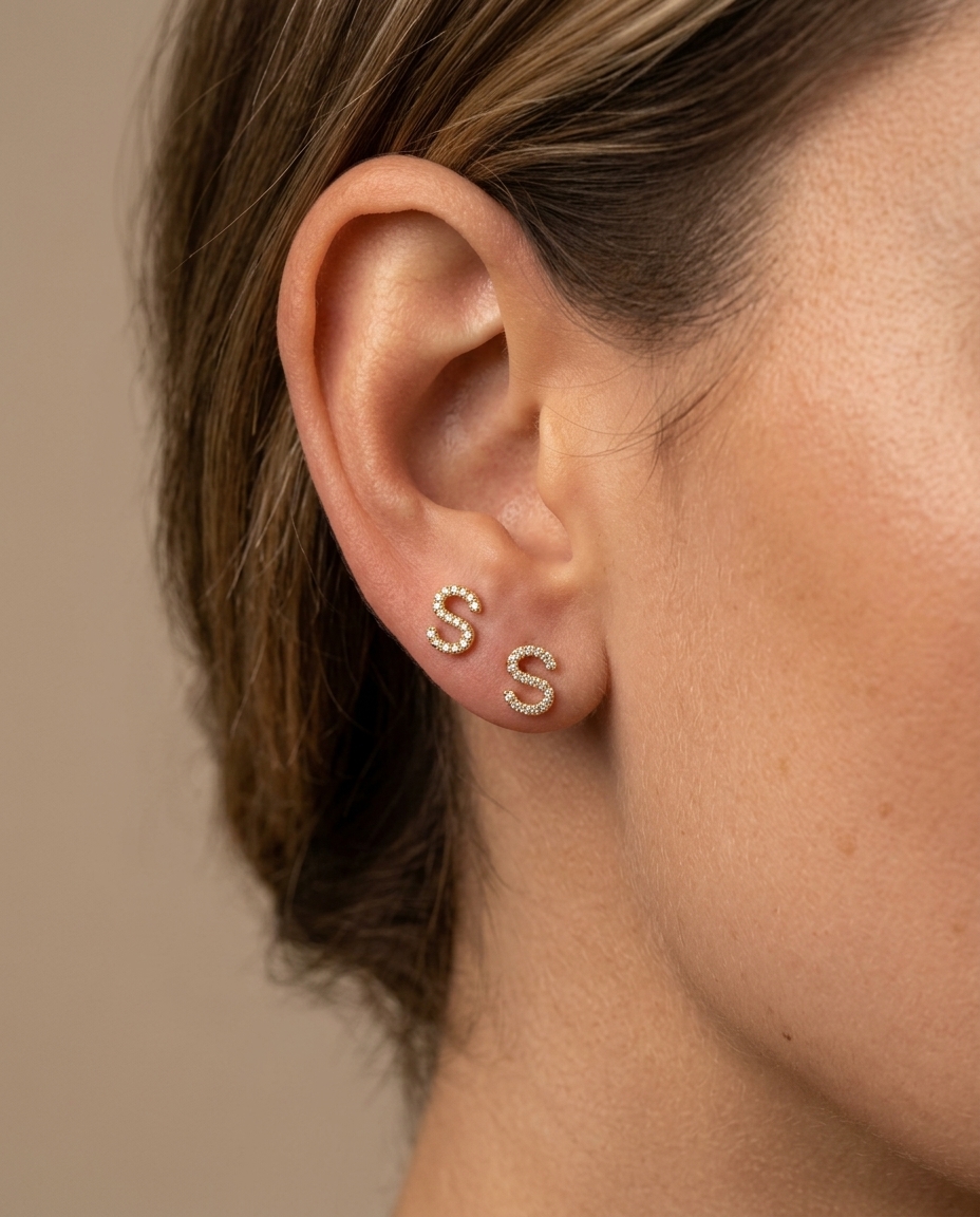 Diamond Initial Earring "S" in Yellow Gold on model