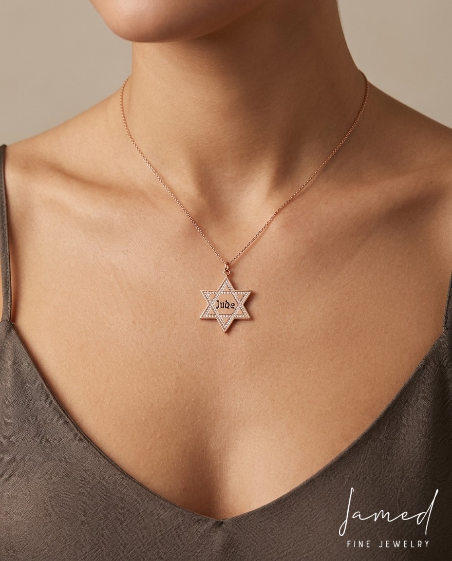 Star of David Jude Pendant with Diamonds in Rose Gold on model