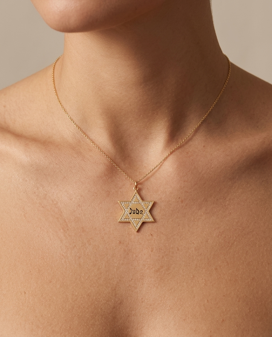 Star of David Jude Pendant with Diamonds in Yellow Gold on model
