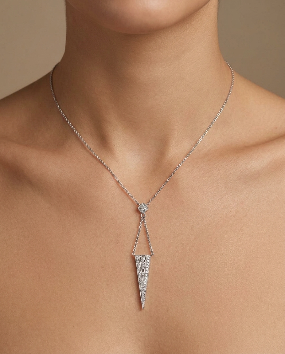 Diamond Flat Triangle Spike Necklace with in White Gold on model