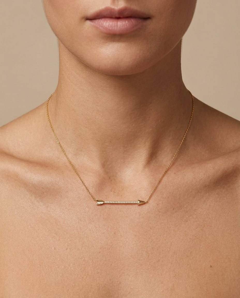 Diamond Arrow Necklace with in Yellow Gold on model