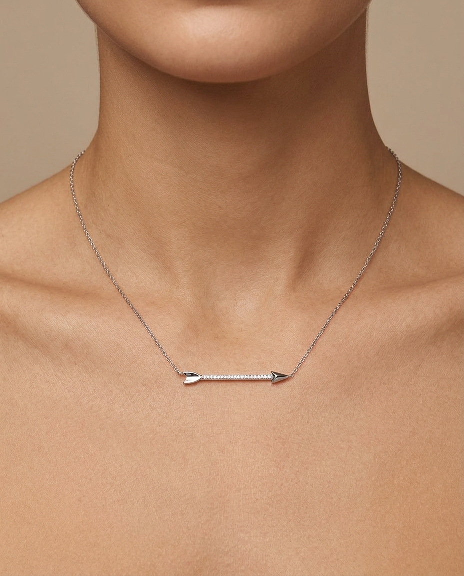 Diamond Arrow Necklace with in White Gold on model