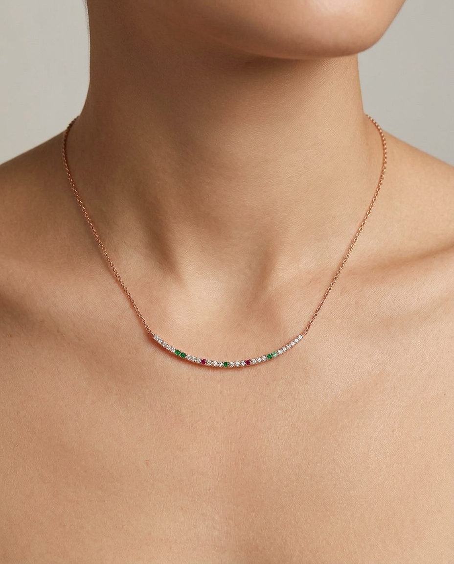 Diamond Horizontal Curved Bar Necklace with in Rose Gold on model