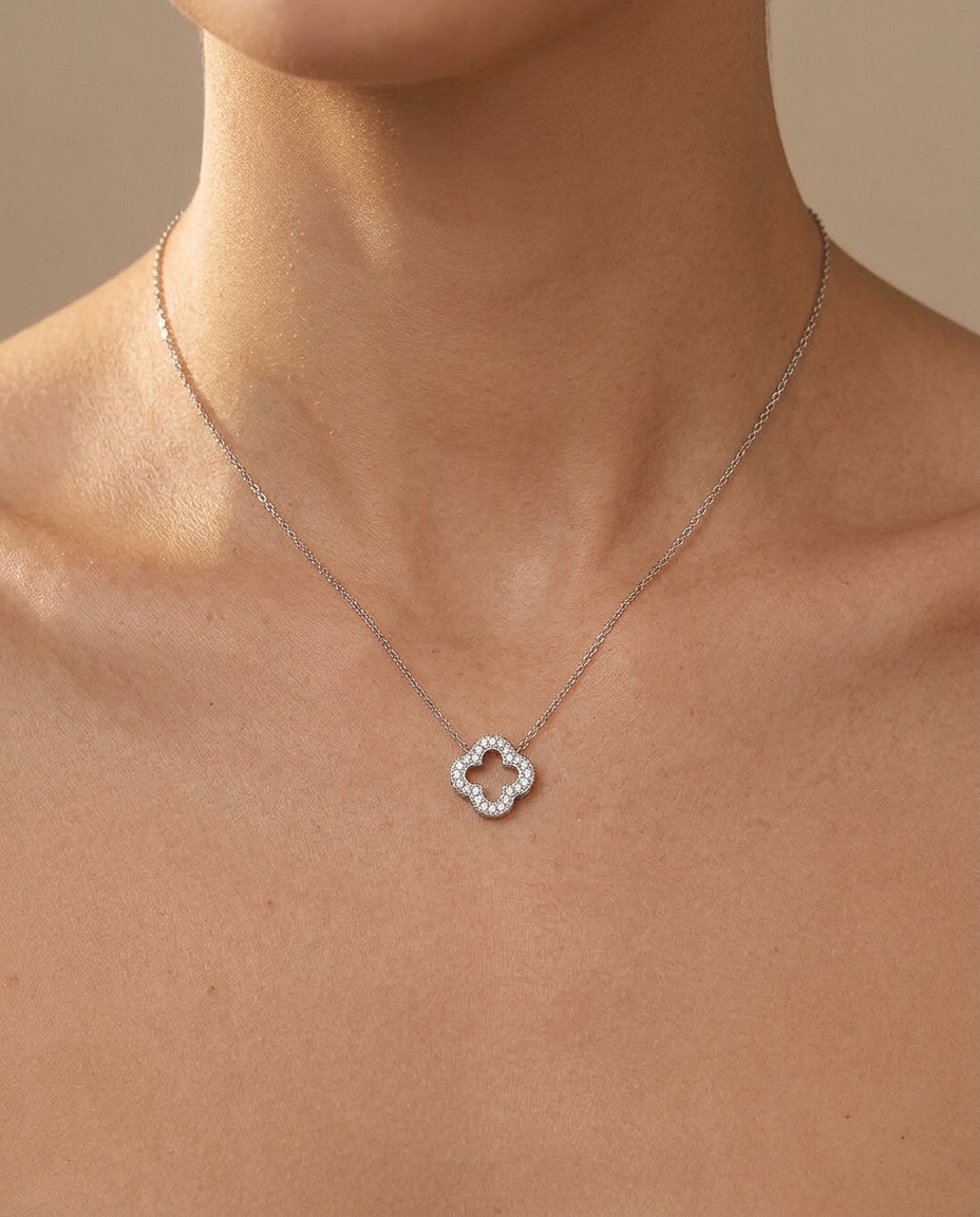 Diamond Open 4-Leaf Clover Necklace with in White Gold on model