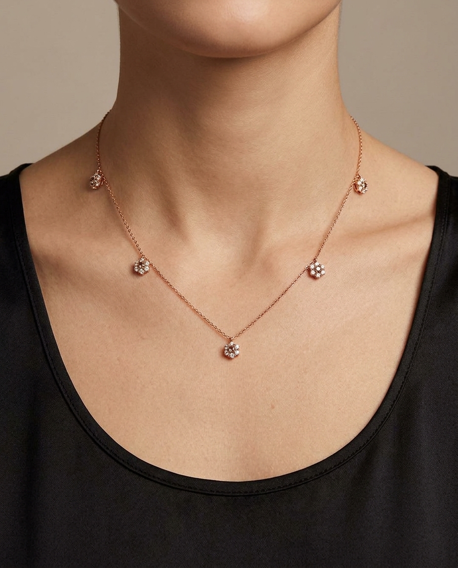 Diamond 5 Loose Clusters Necklace with in Rose Gold on model