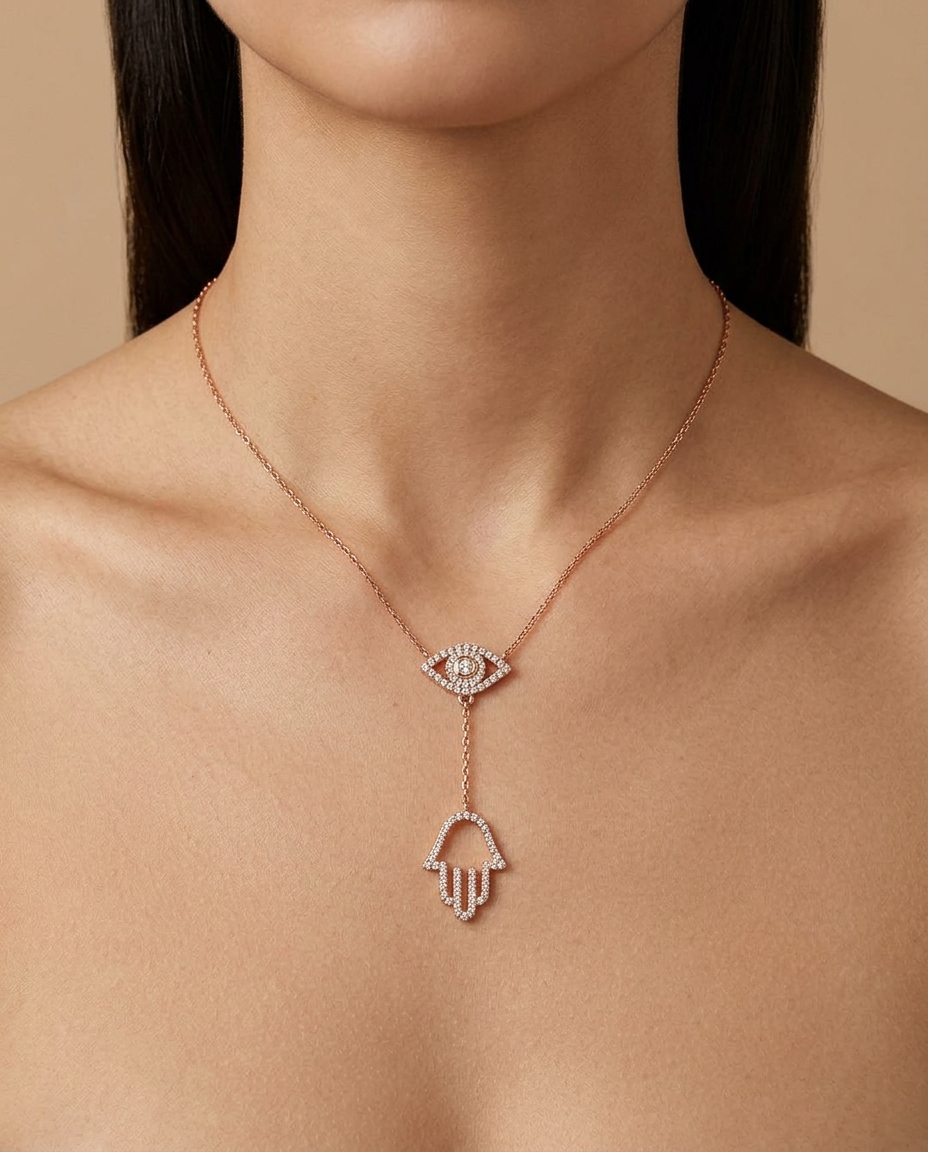 Diamond Evil Eye Whith Hamza Necklace with in Rose Gold on model