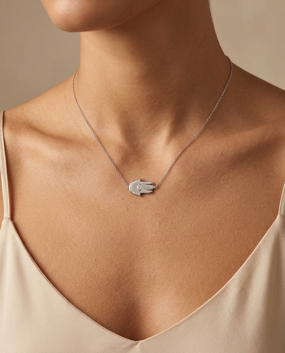 Diamond Hamza Evil Eye Necklace with in White Gold on model
