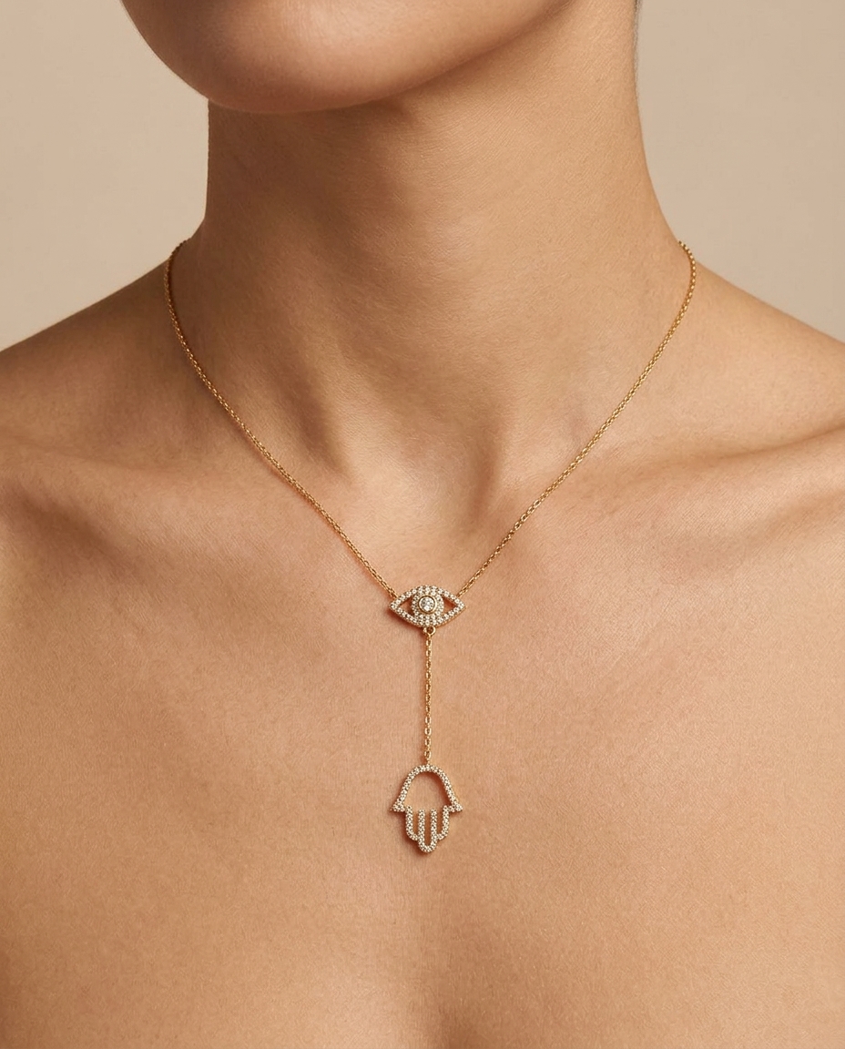 Diamond Evil Eye Whith Hamza Necklace with in Yellow Gold on model