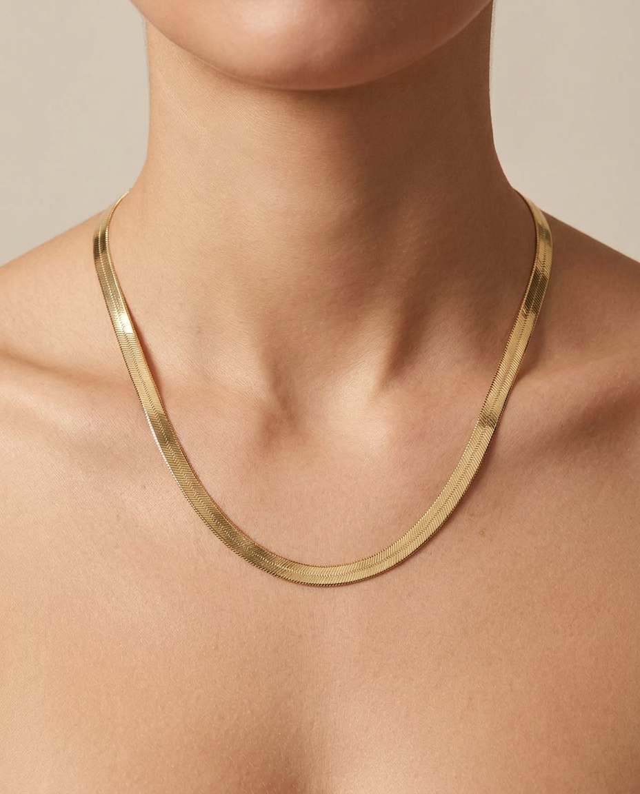 14KT Yellow Gold Thick Herringbone Chain on model