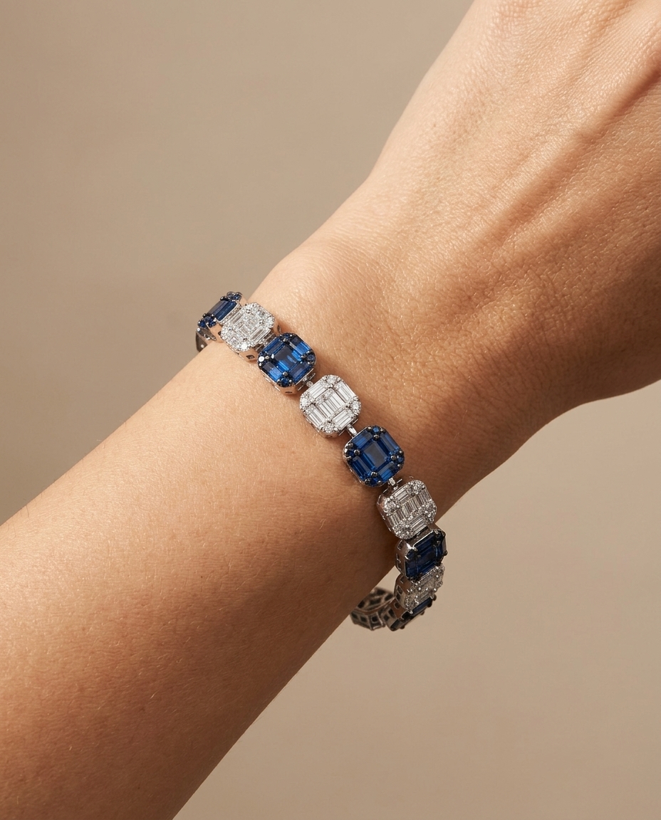 18KT Gold Blue Sapphire & Diamond Baguette Bracelet on model