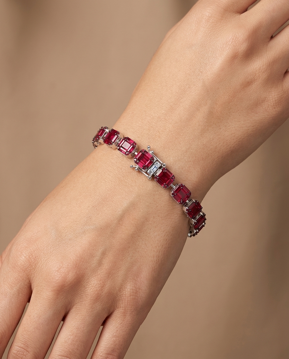 18KT Gold Ruby & Diamond Baguette Bracelet on model