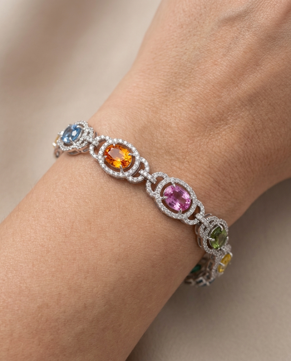 18K White Gold EMERALD, Multi Sapphire and Diamonds Bracelet on model