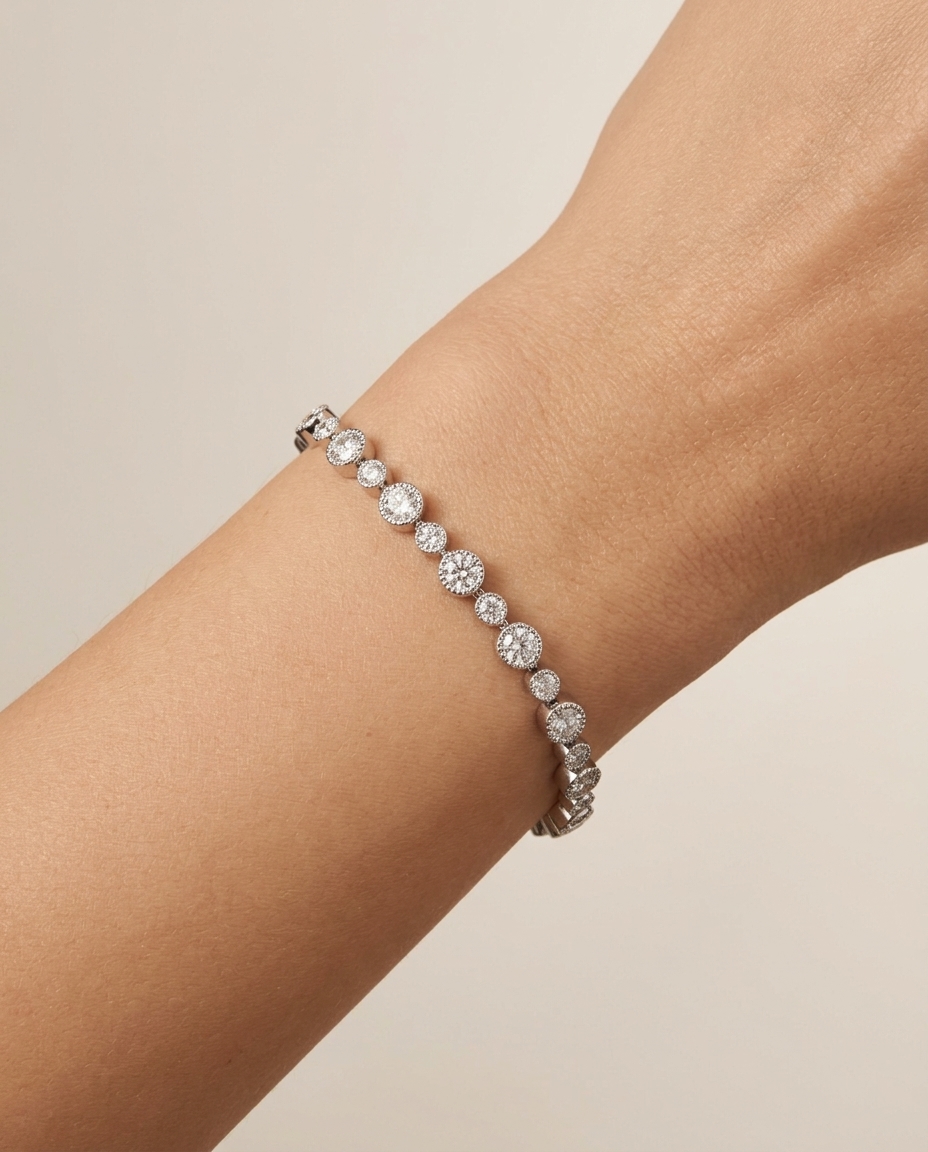 14Kt White Gold Bezeled Diamond Bracelet on model