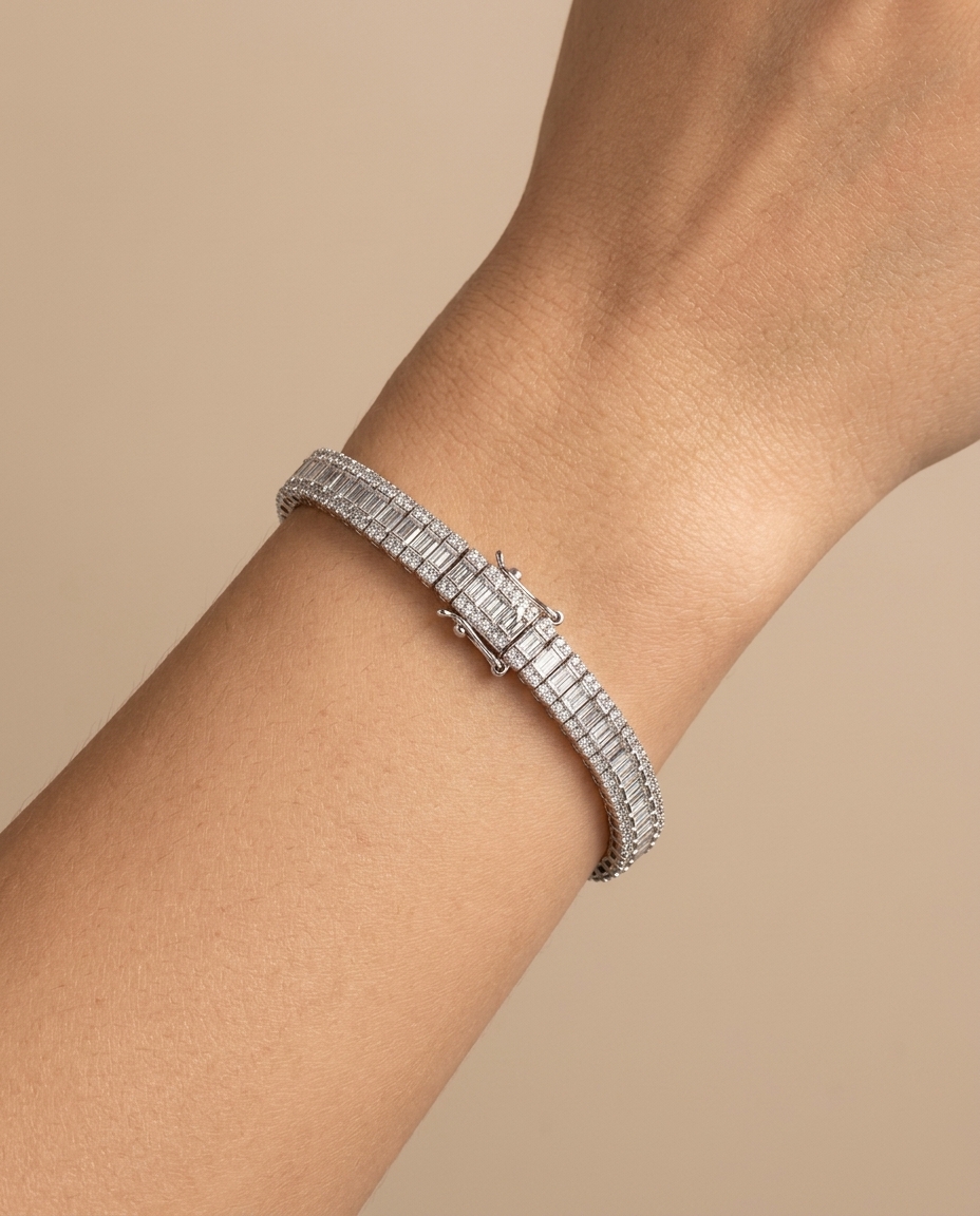 14KT White Gold Diamond Baguette and Round Bracelet on model