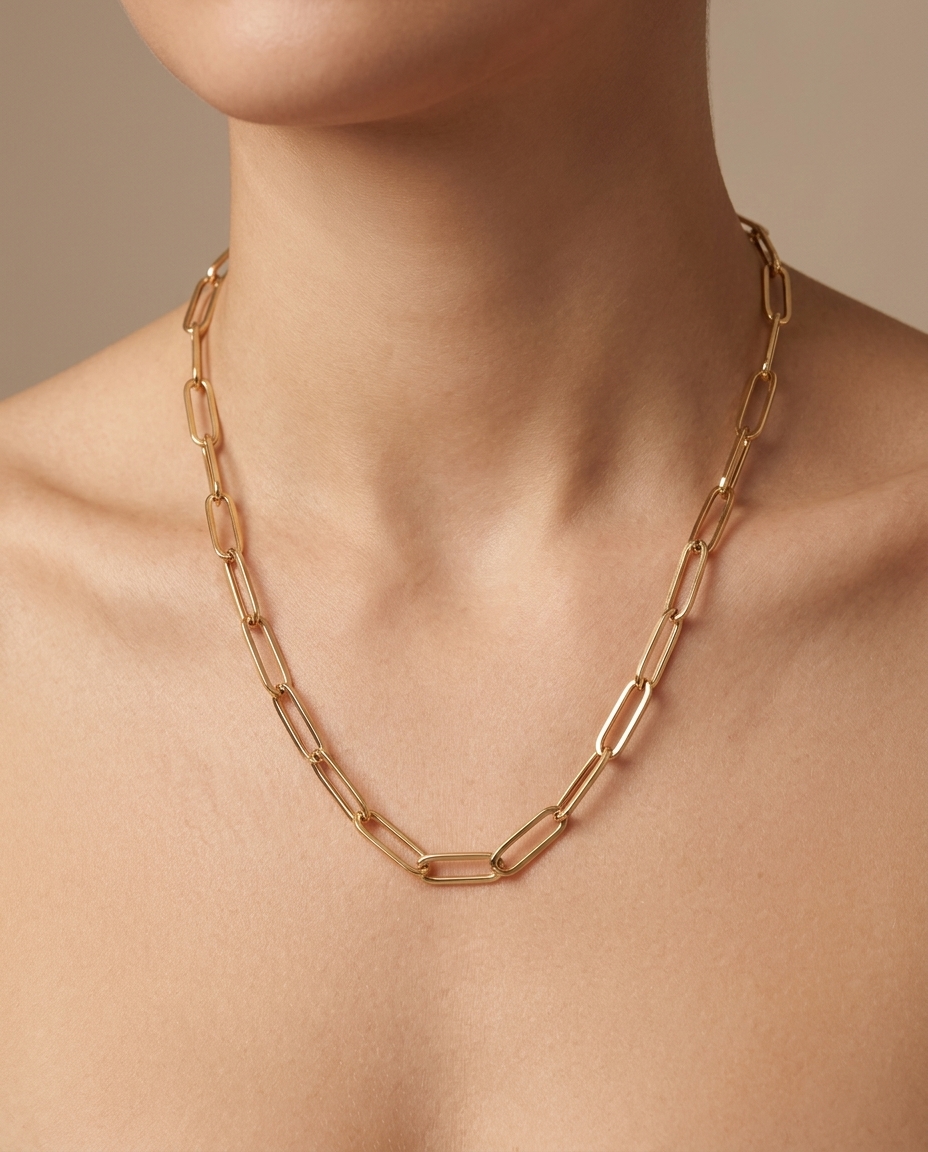 14KT Gold Paperclip Necklace on model