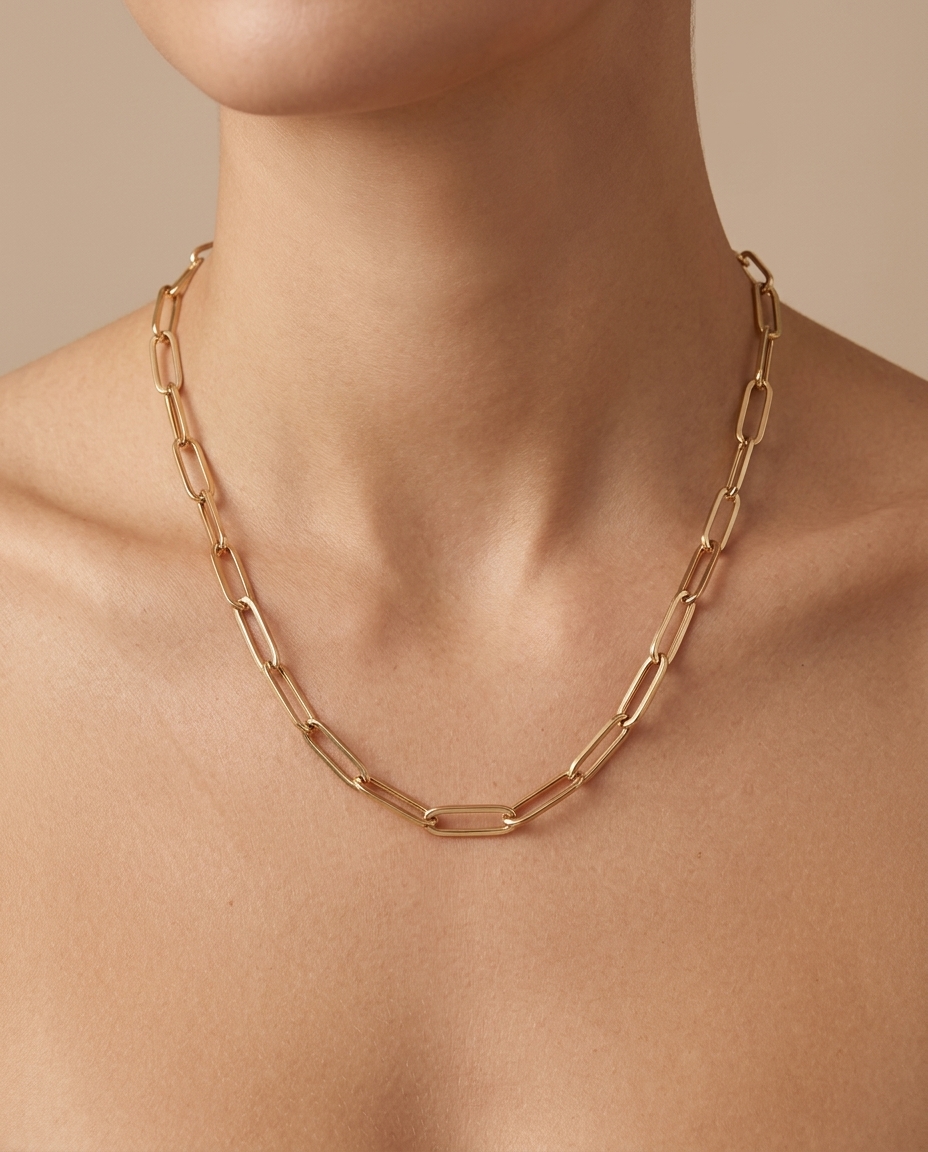 14KT Gold Paperclip Necklace on model