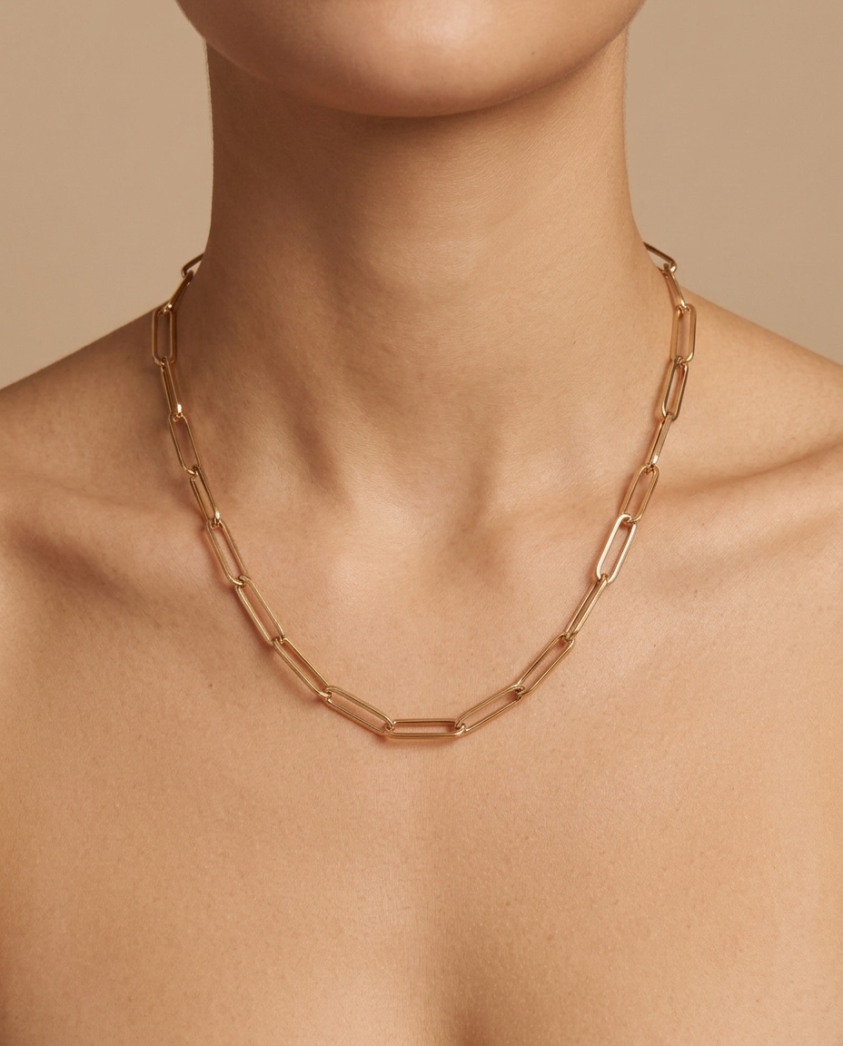 14KT Gold Paperclip Necklace on model