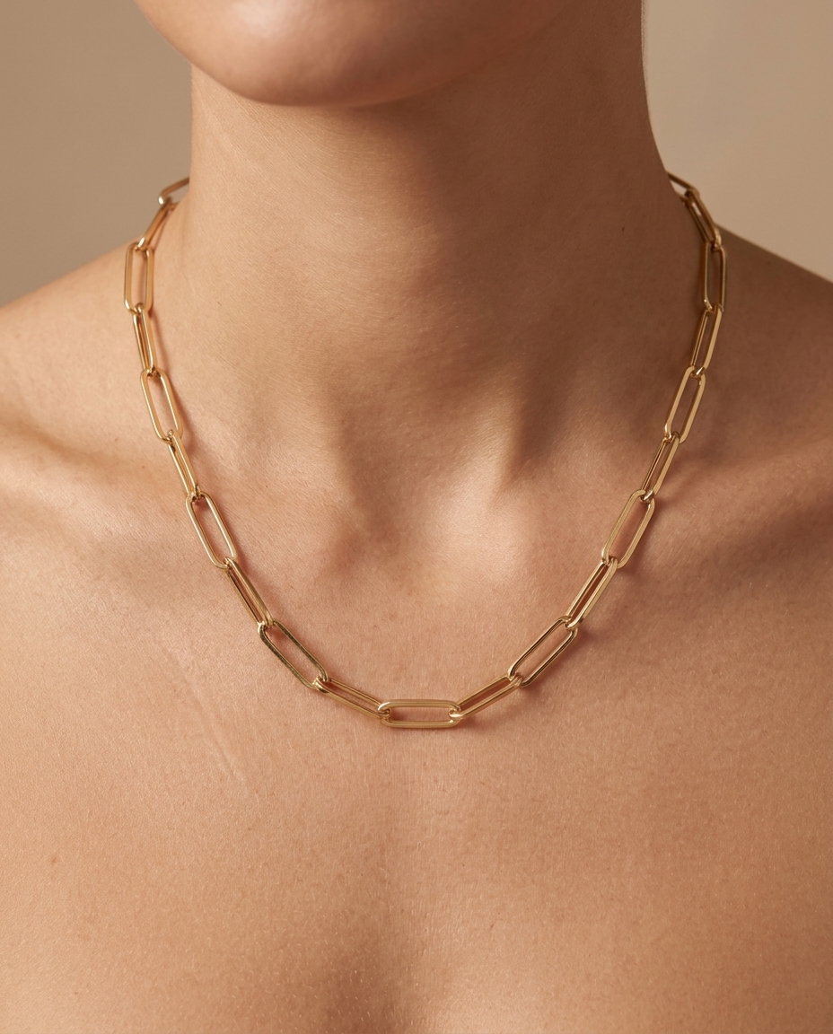 14KT Gold Paperclip Necklace on model