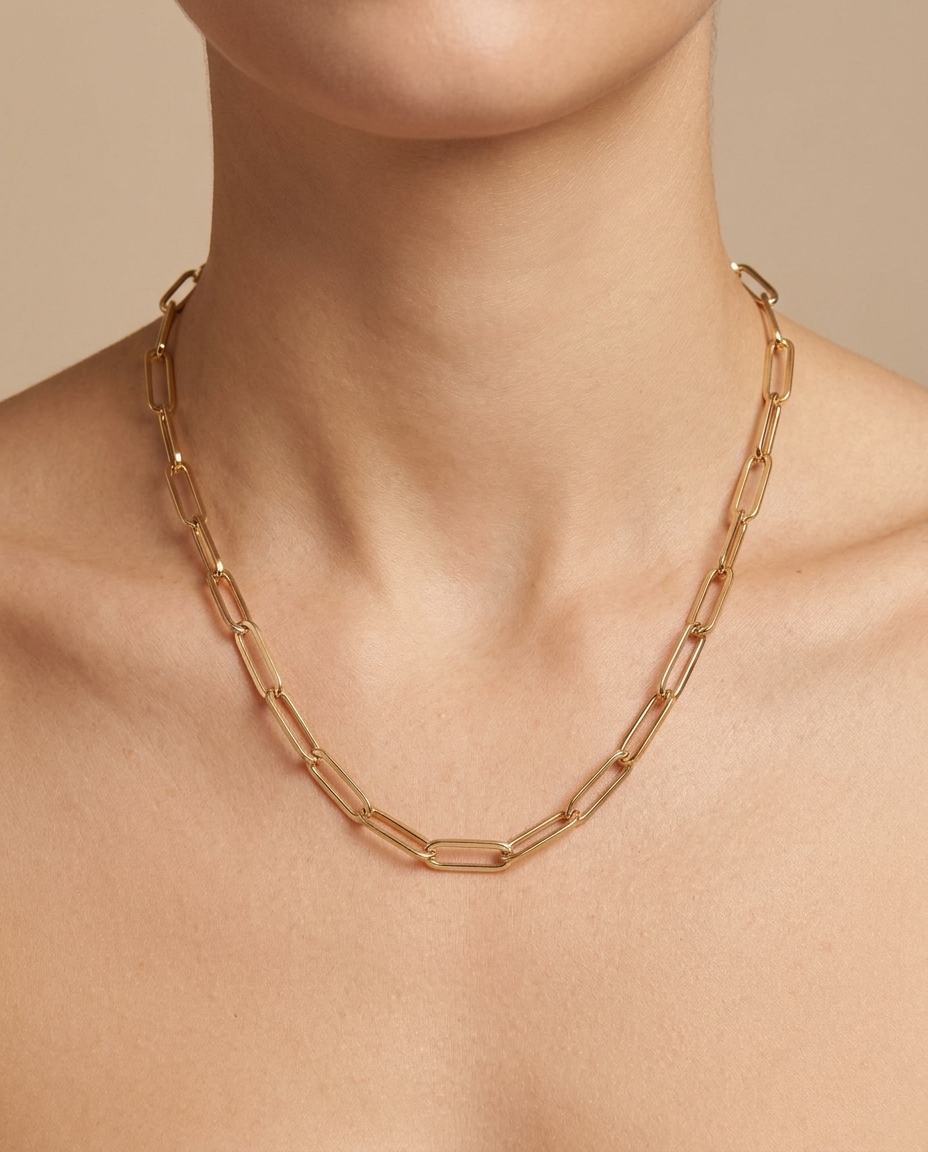 14KT Gold Paperclip Necklace on model