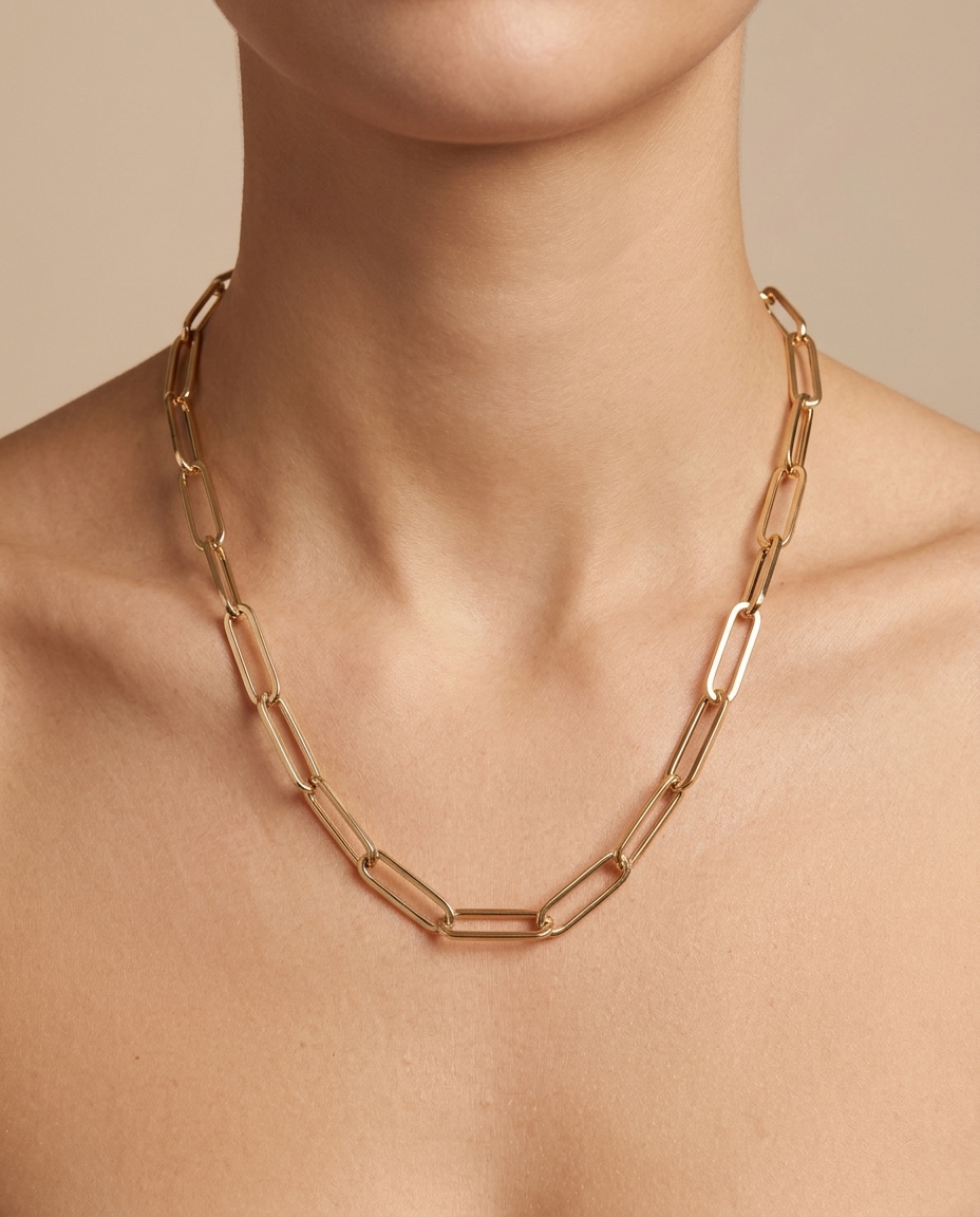 14KT Gold Paperclip Necklace on model