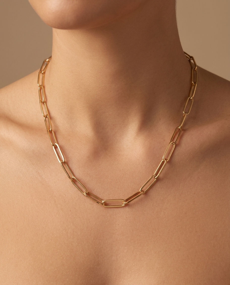 14KT Gold Paperclip Necklace on model