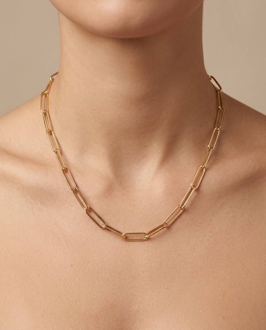 14KT Gold Paperclip Necklace on model