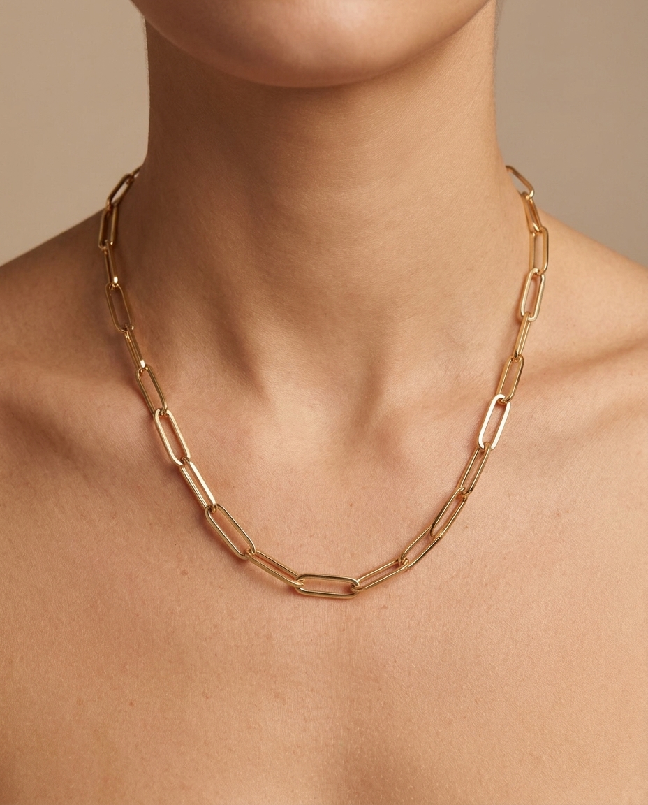 14KT Gold Paperclip Necklace on model