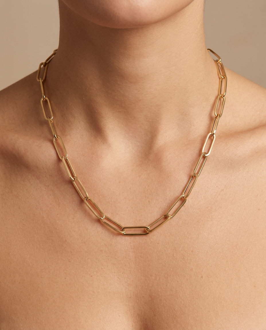 14KT Gold Paperclip Necklace on model