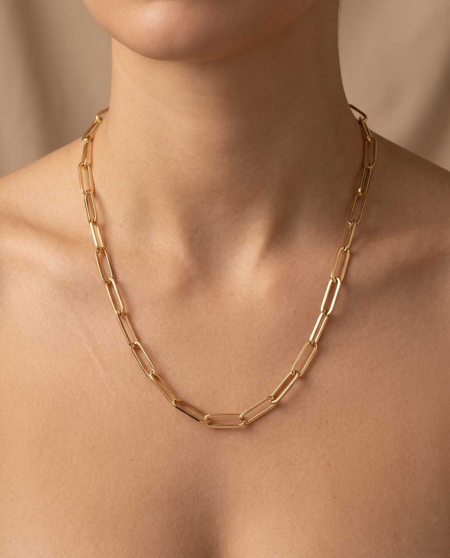 14KT Gold Paperclip Necklace on model