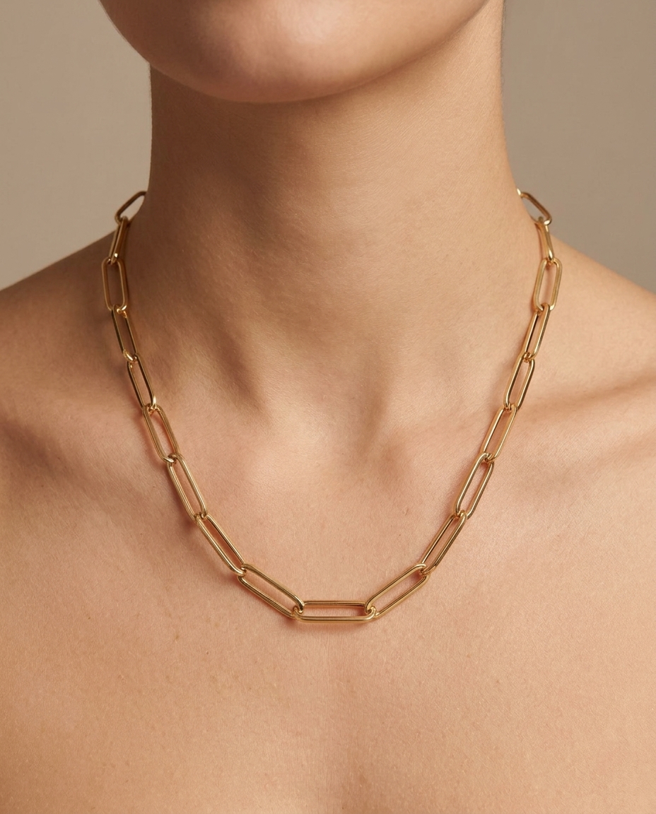 14KT Gold Paperclip Necklace on model