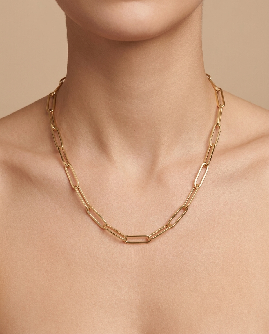14KT Gold Paperclip Necklace on model