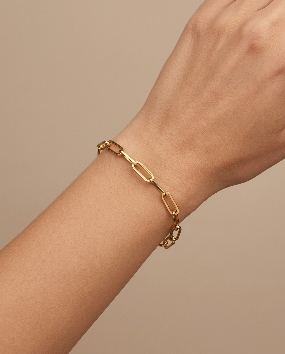 14KT Gold Paperclip Braclet on model