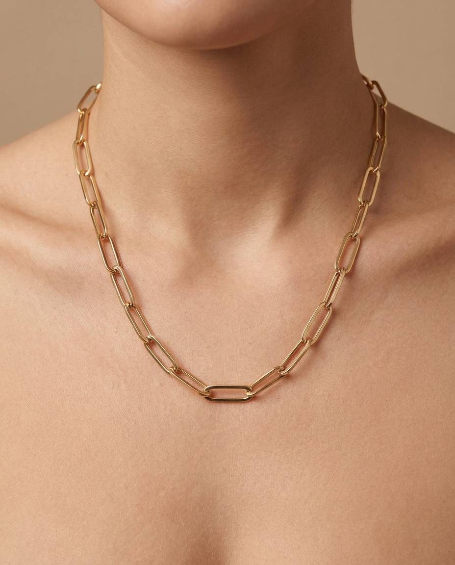 14KT Gold Paperclip Necklace on model