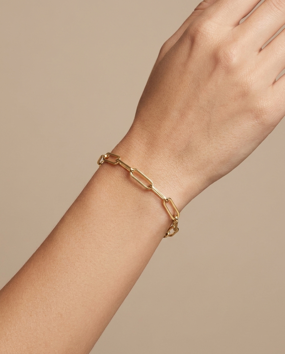 14KT Gold Paperclip Bracelet on model