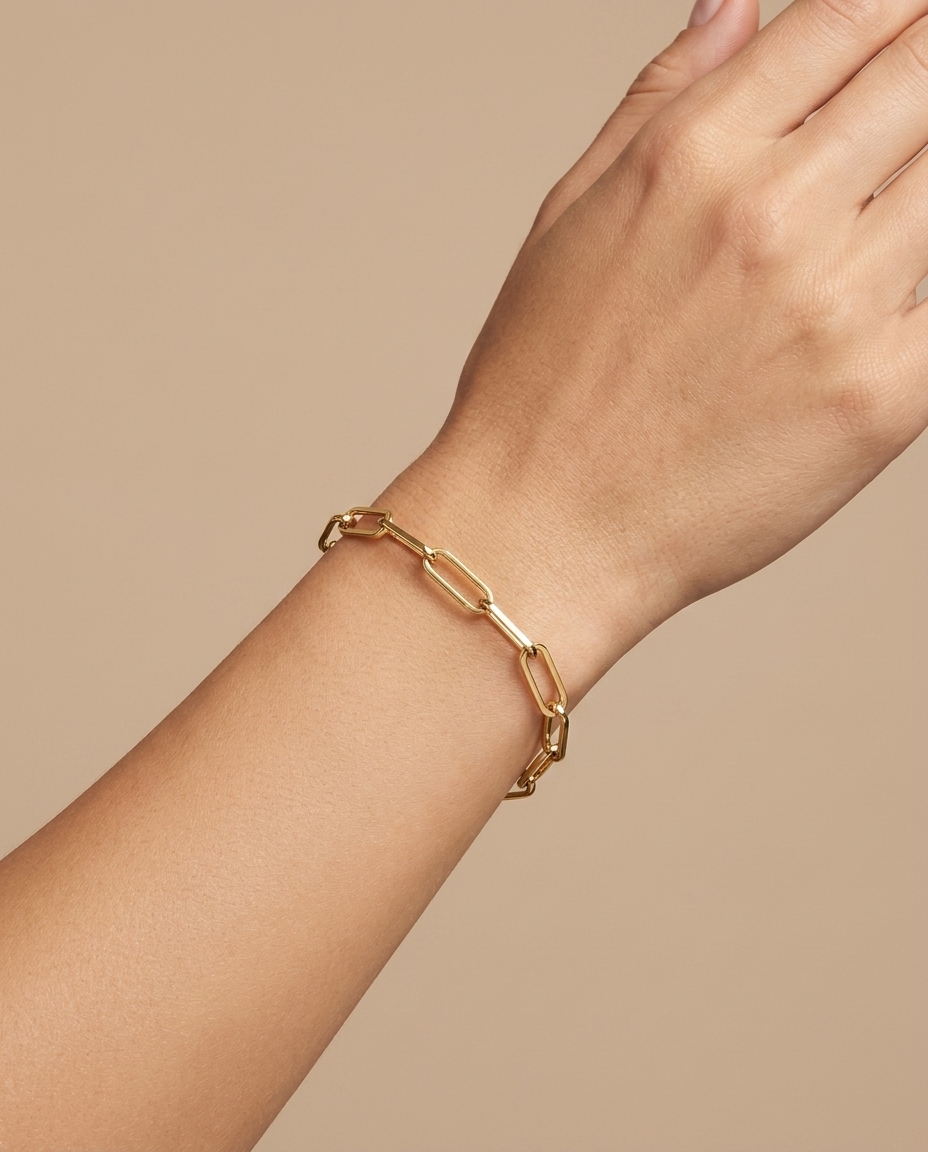 14KT Gold Paperclip Bracelet on model