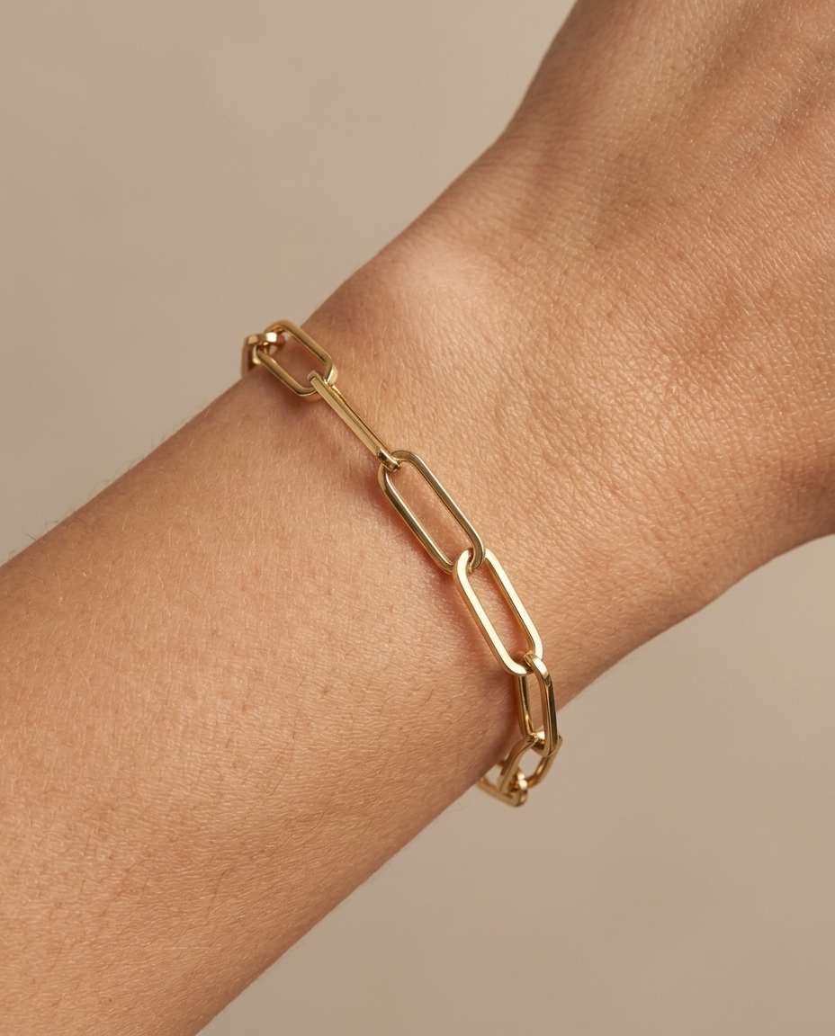 14KT Gold Paperclip Bracelet on model