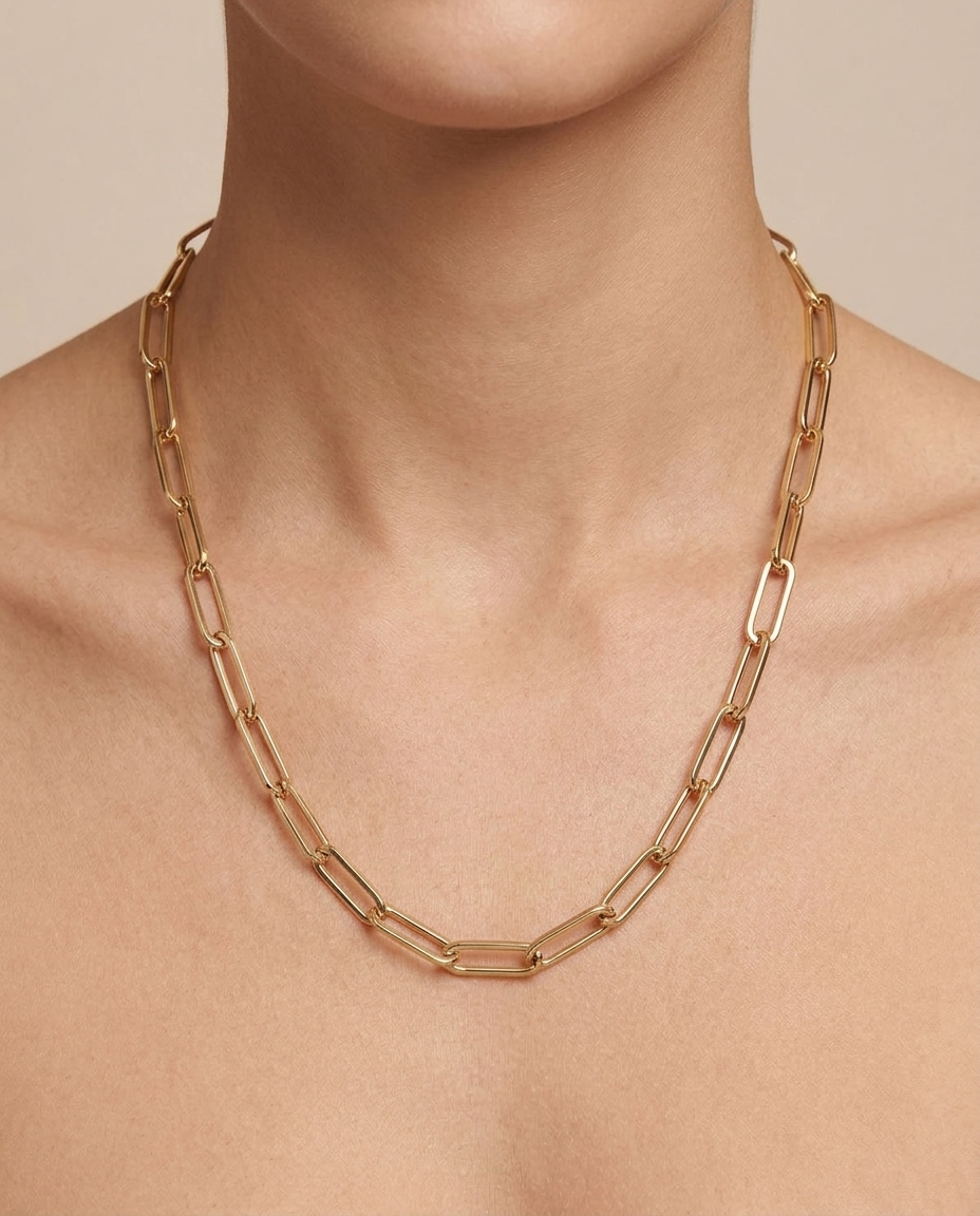 14KT Gold Paperclip Necklace on model
