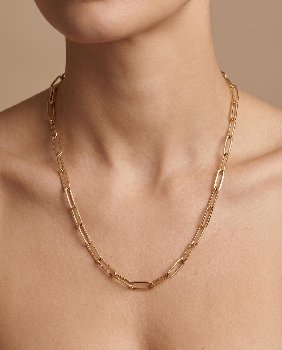 14KT Gold Paperclip Necklace on model
