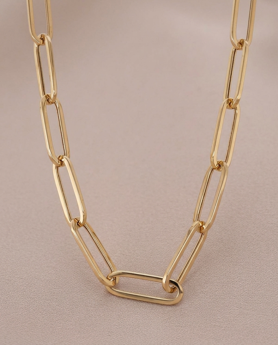 14KT Gold Paperclip Necklace on model